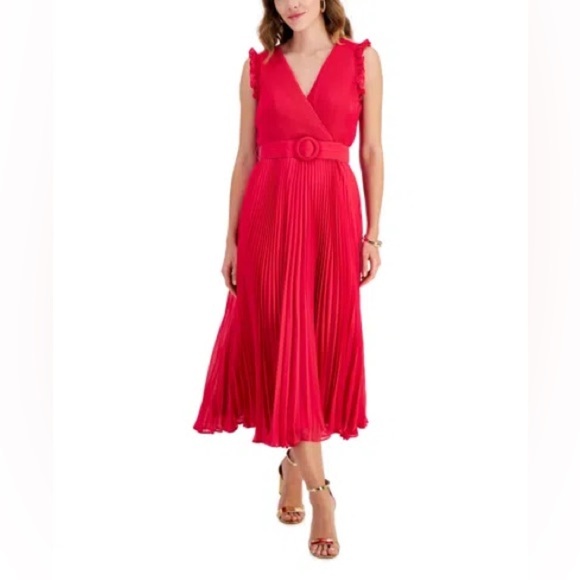 Taylor Raspberry Red Pleated Chiffon Ruffle Sleeve Empire Waist Midi Dress 14 - Picture 1 of 14